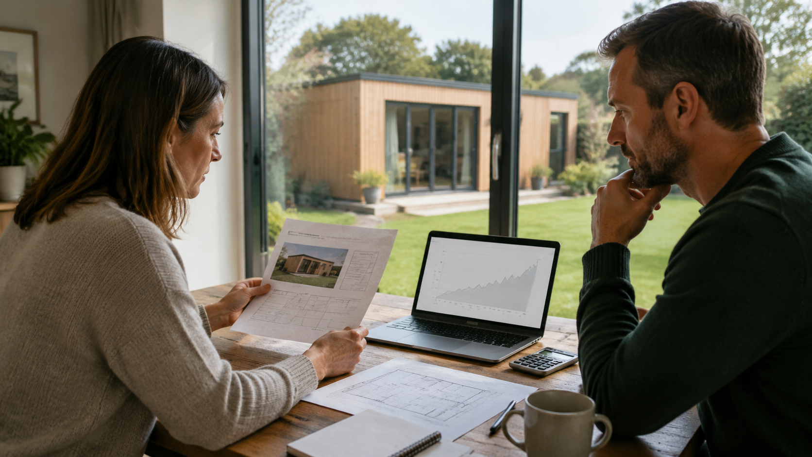 Irish couple comparing a house price forecast with a modular home quote