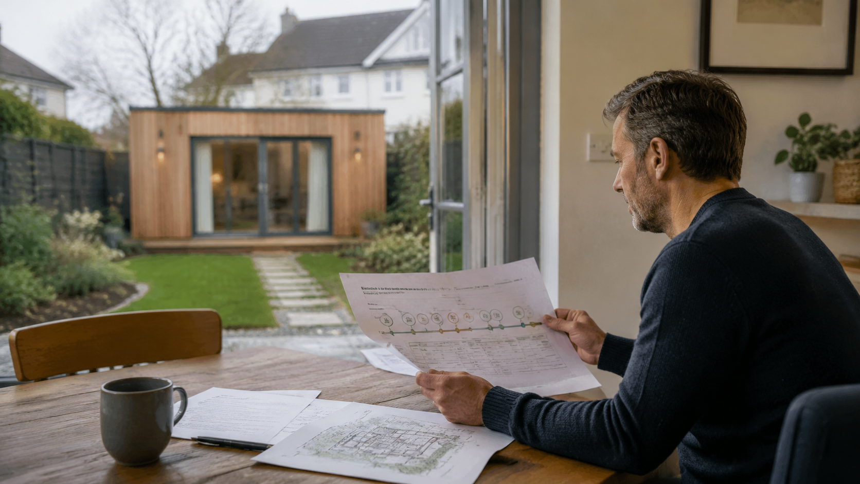 Irish homeowner reviewing modular homes legislation changes beside a garden unit