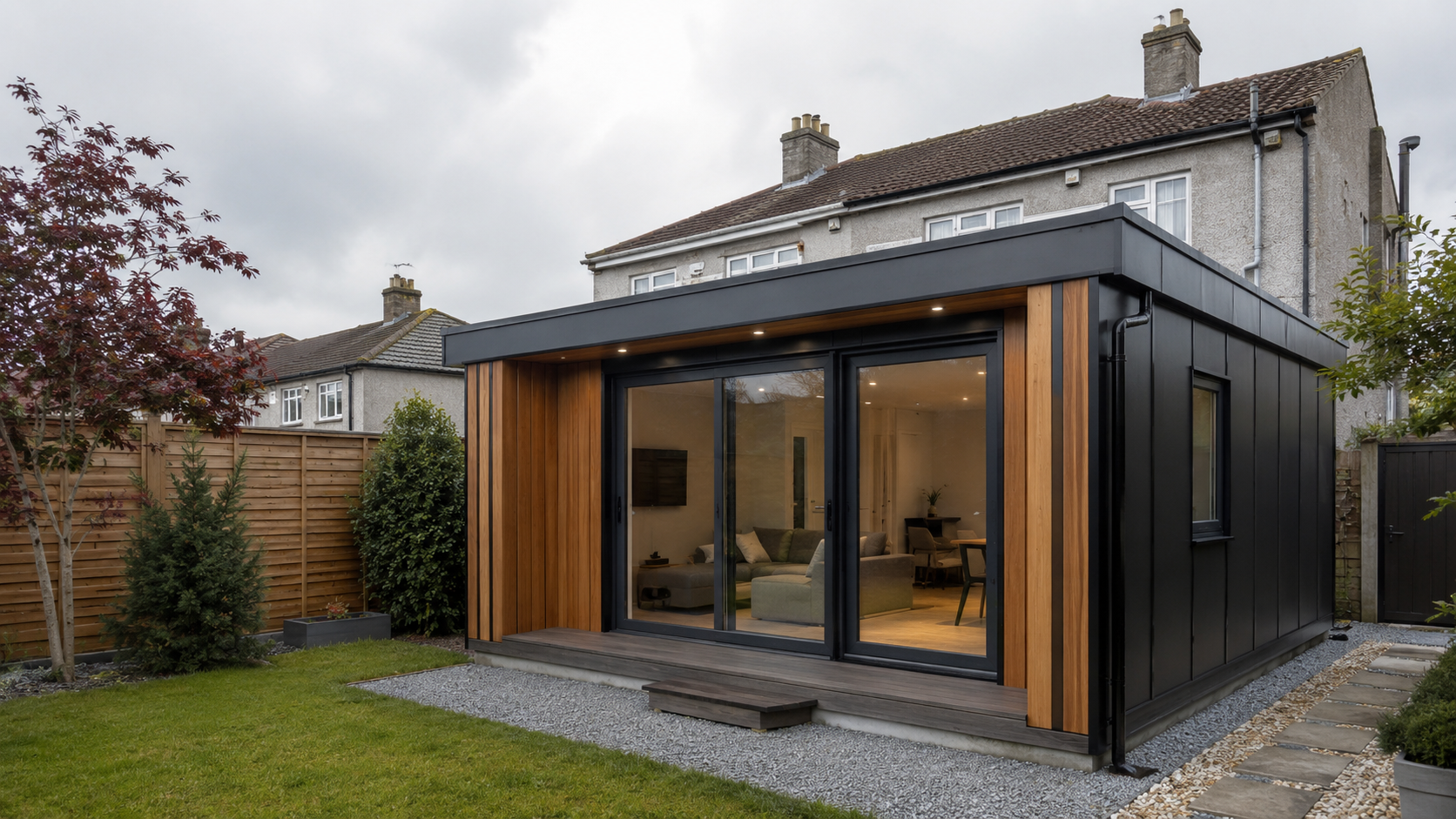 Modern modular home in an Irish back garden with the main house behind it