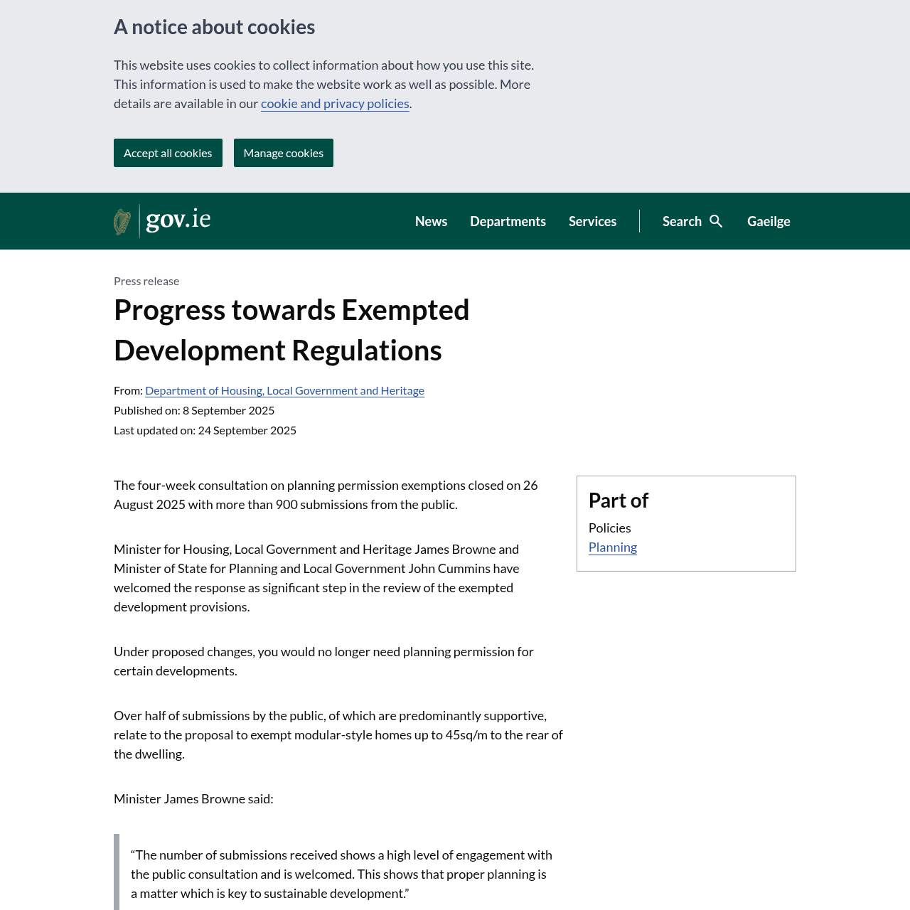 Jina screenshot of gov.ie progress towards Exempted Development Regulations